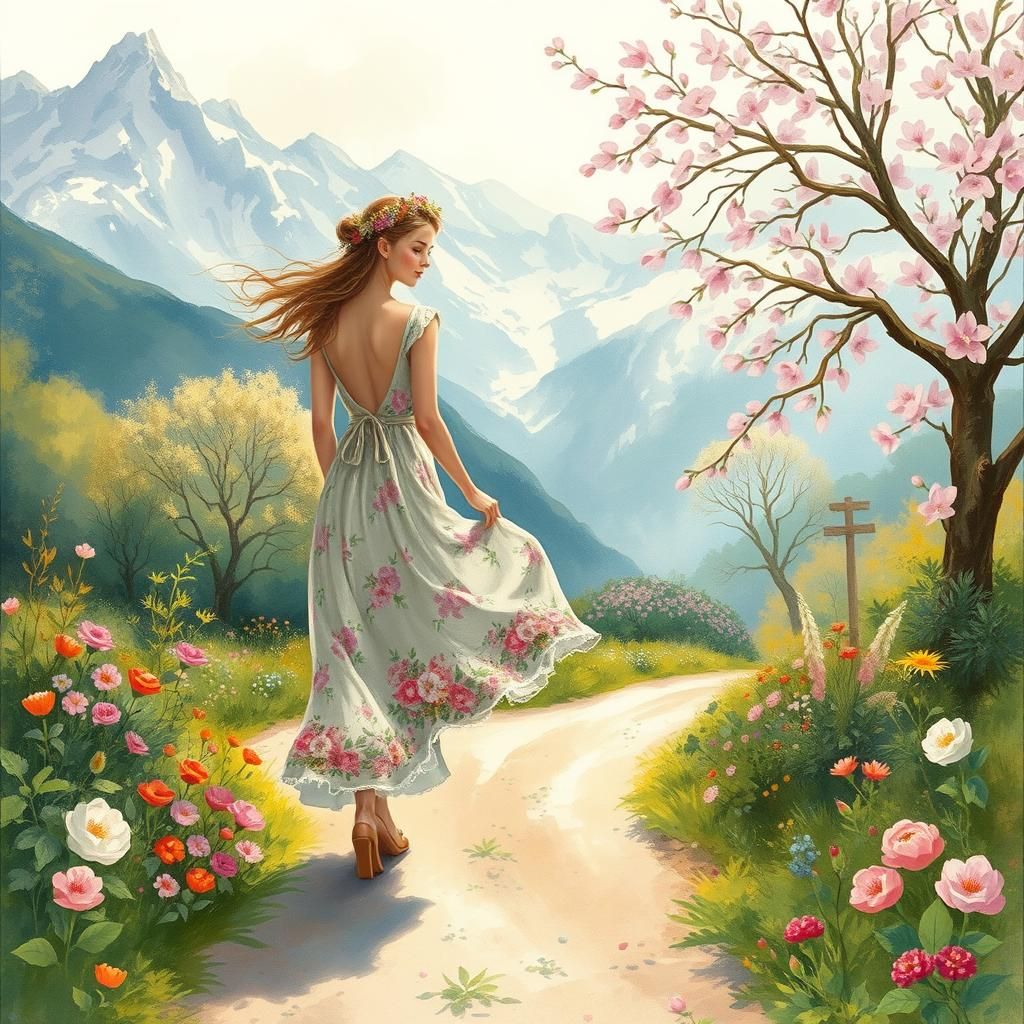 Woman in Floral Dress: Impressionistic Spring Landscape