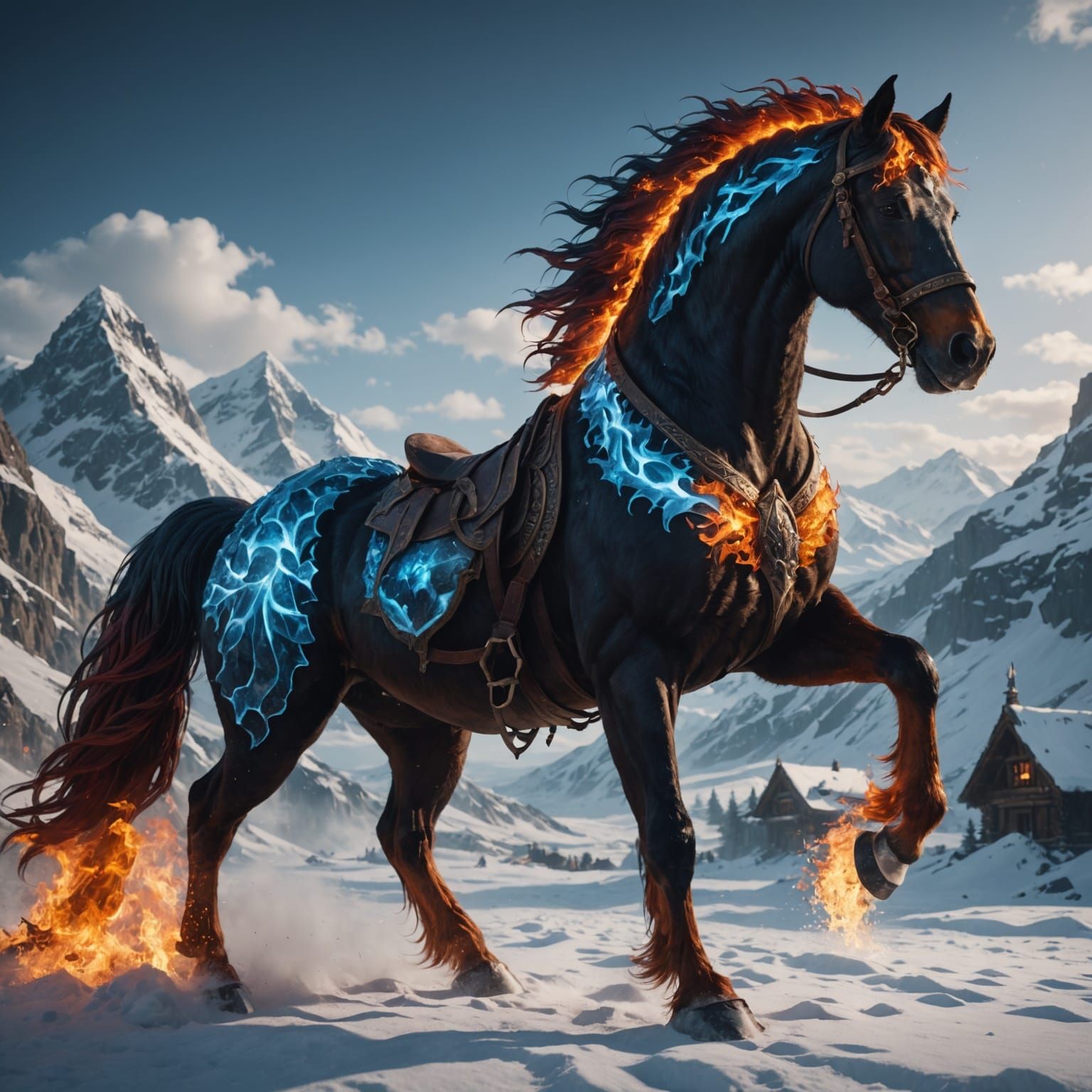 Ethereal Fire and Ice Stallion in Vibrant Splendor