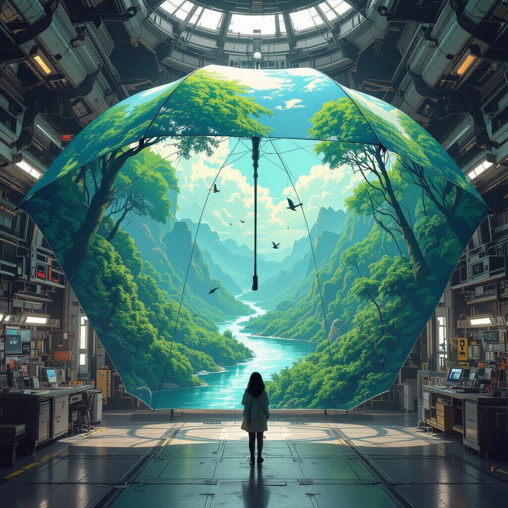 Surreal Umbrella Protects Space Lab: Sci-Fi Dreamscape