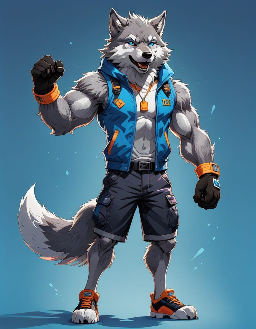 Manga-Inspired Wolf Character Flexes in Colorful Gym Shorts