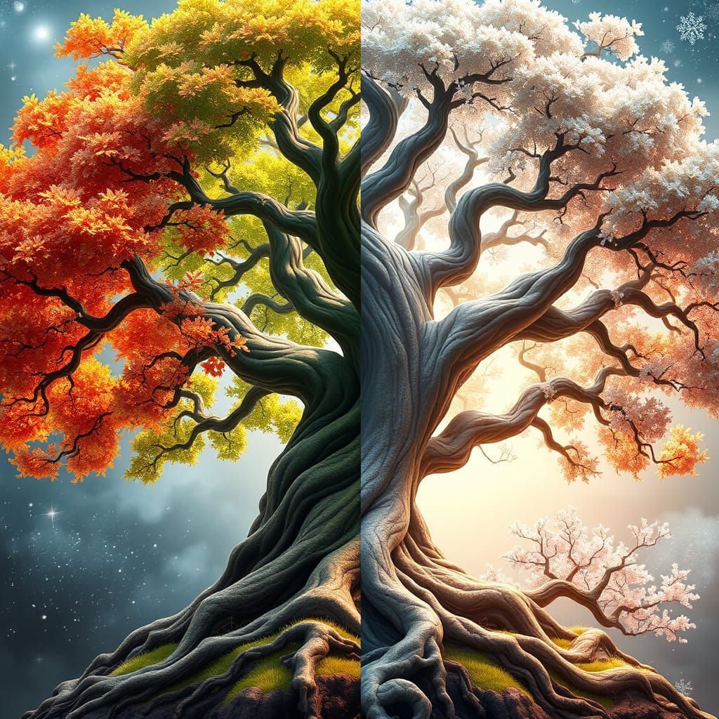 Ethereal Tree of Seasons in Dreamlike 3D Anime Style