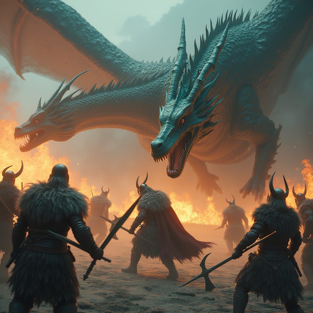 Viking Warriors Battle Giant Emerald Dragons in Ancient Nors...