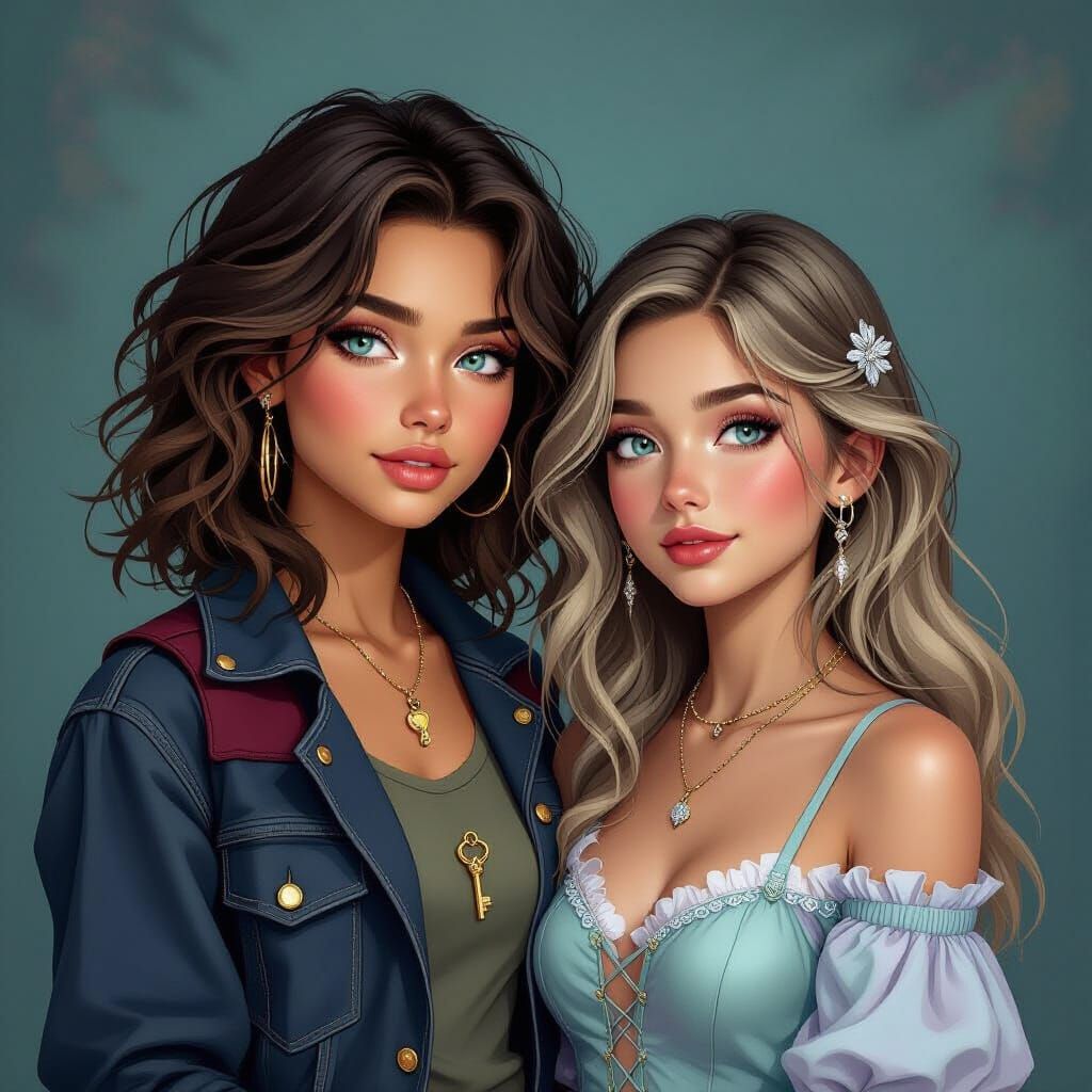 Two Teenage Girls in Love, Detailed Fantasy Portrait