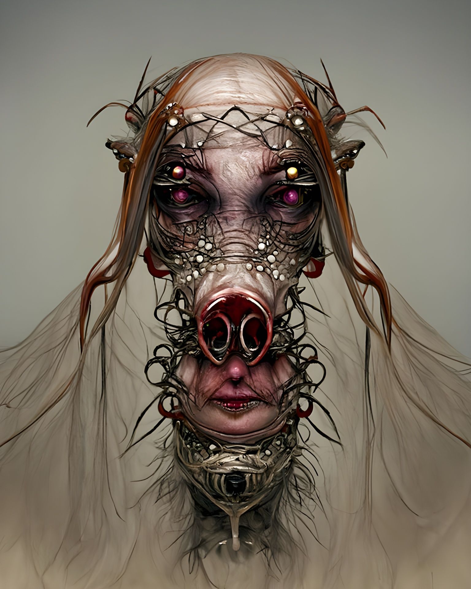Eldritch Hog-Bride with Spider Eyes in Cyberpunk Style