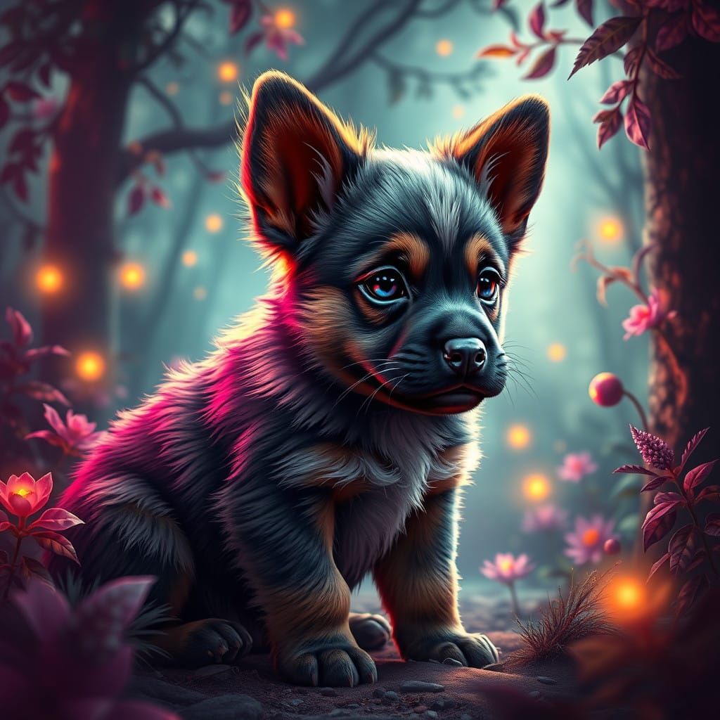 Vibrant Puppy in a Dreamlike Landscape