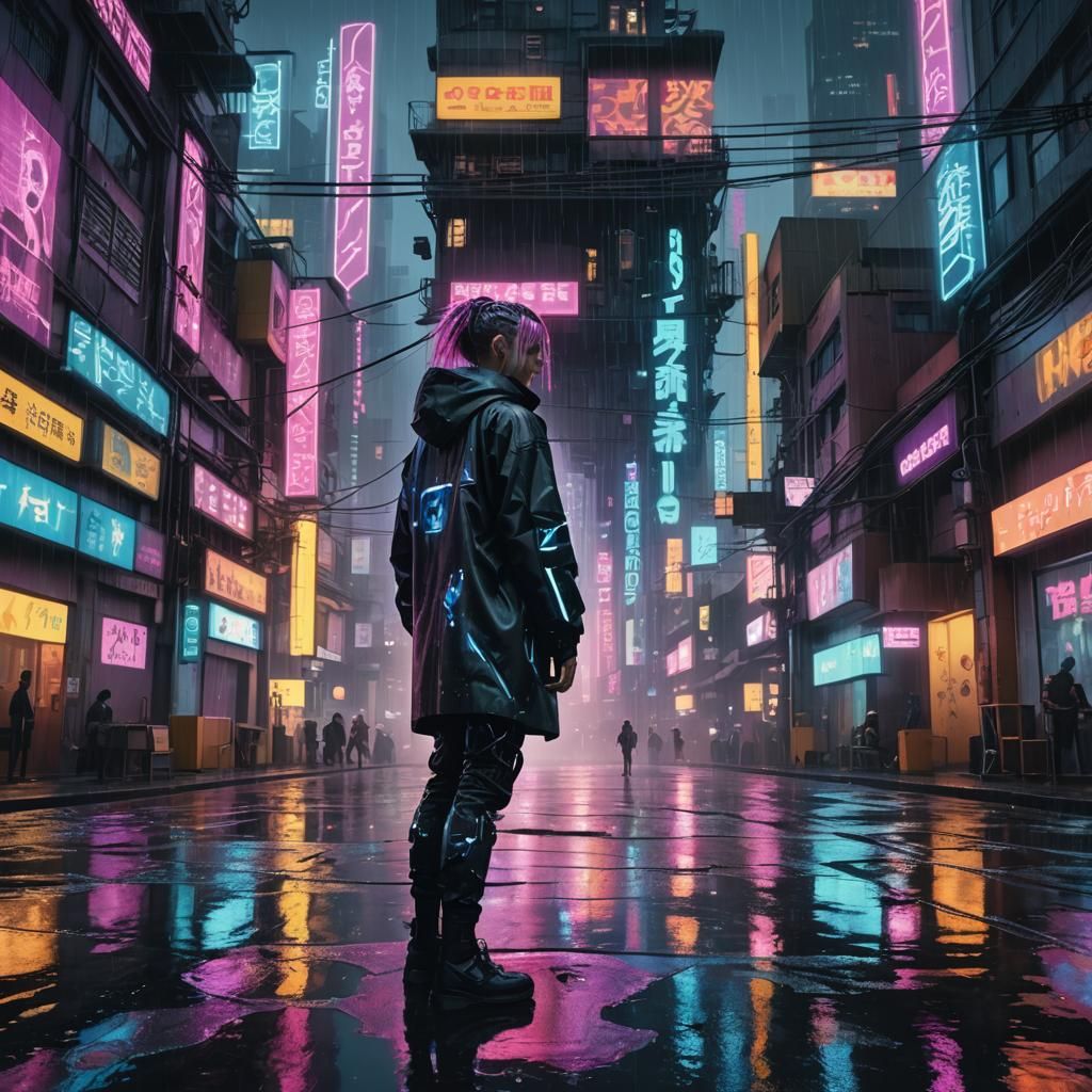 Cyberpunk Cityscape with Surreal Figure in Neon Lights