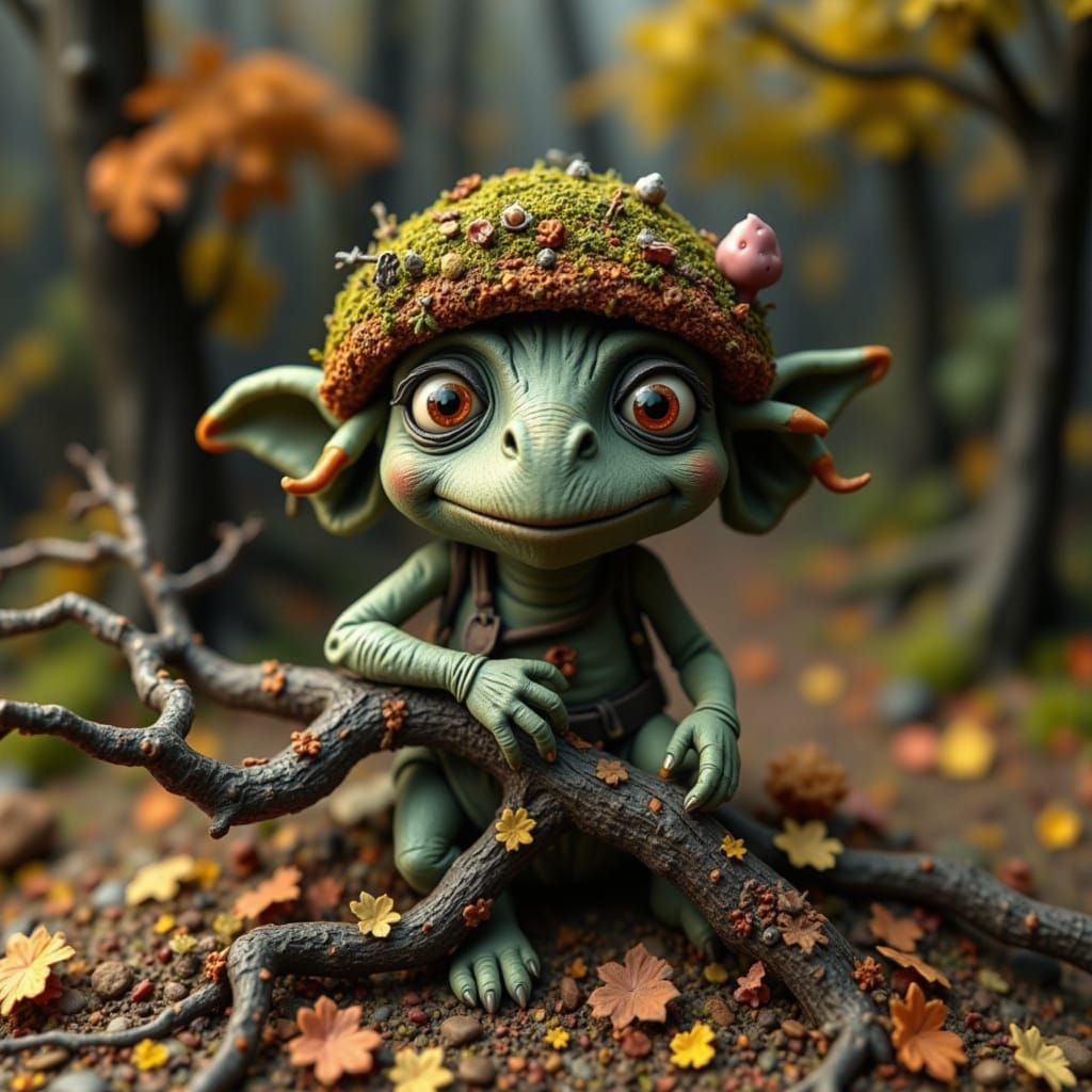 A quirky clay creature playing with a fallen tree branch in the woods <lora:tims world:1.0>