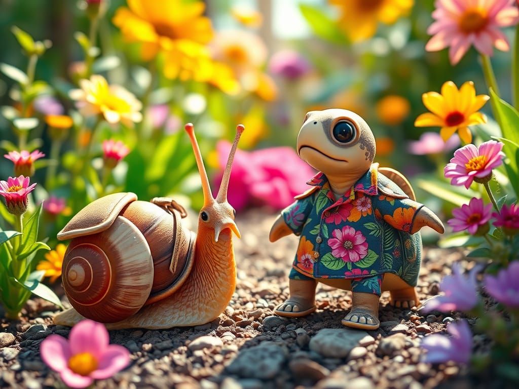 Snail and Turtle Garden Encounter in Whimsical Style