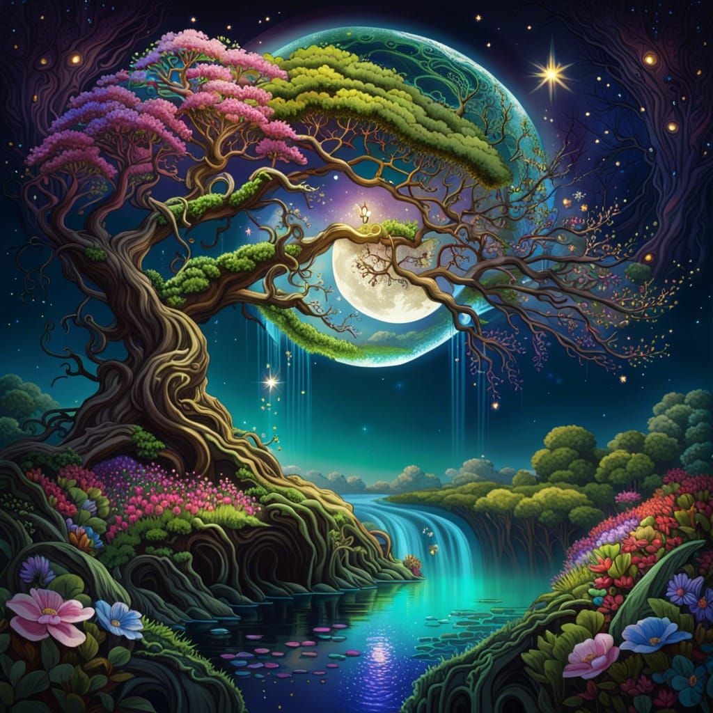 Enchanted Flower Meadow with Moon Rainbow