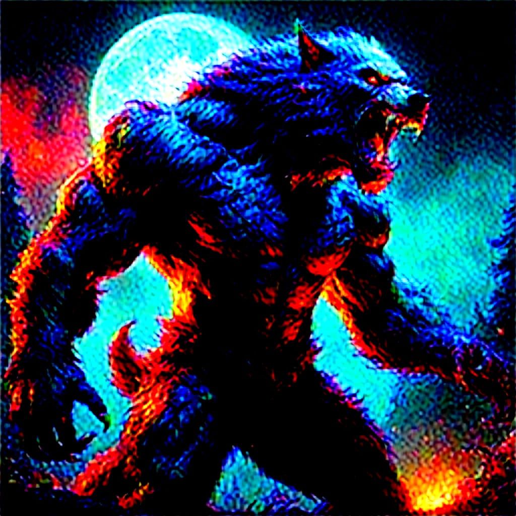Vibrant Oil Painting of a Werewolf in Mid-Transformation