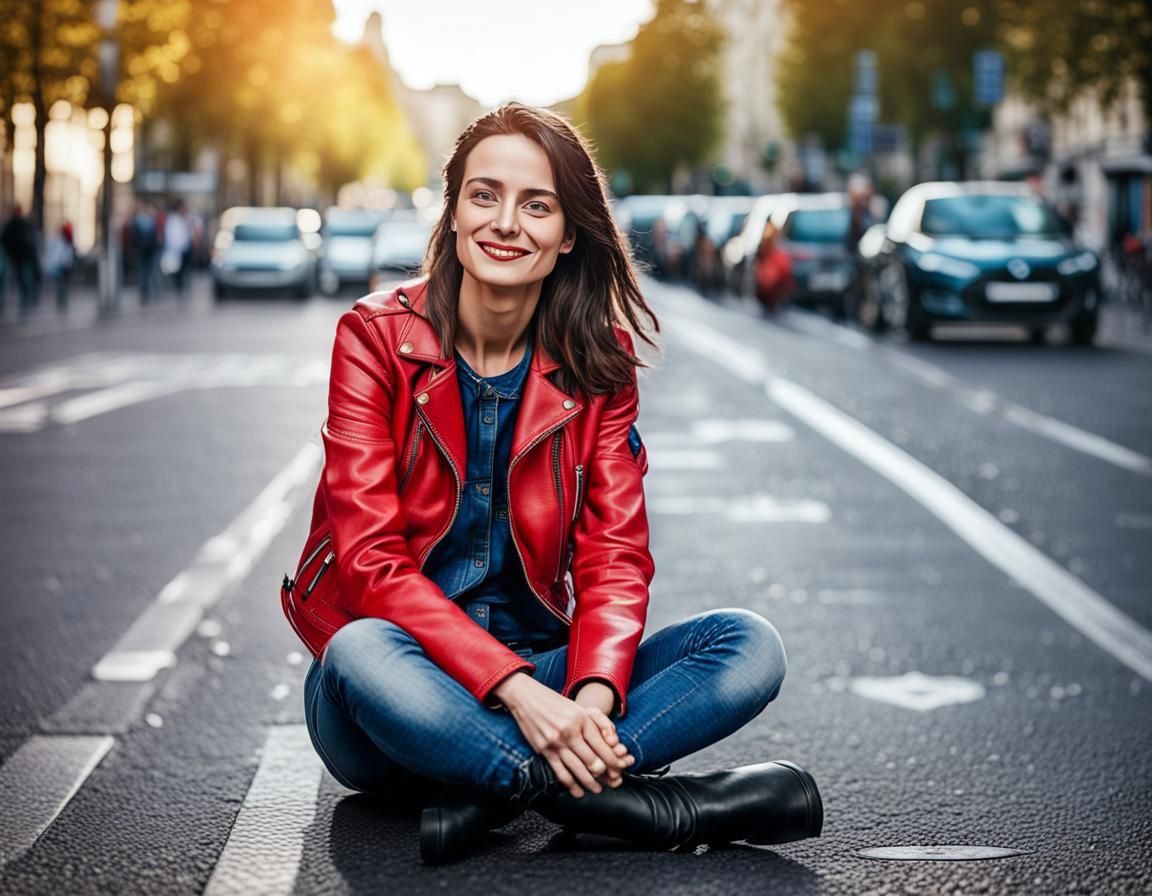 French Woman in Red Leather Jacket, City Portrait