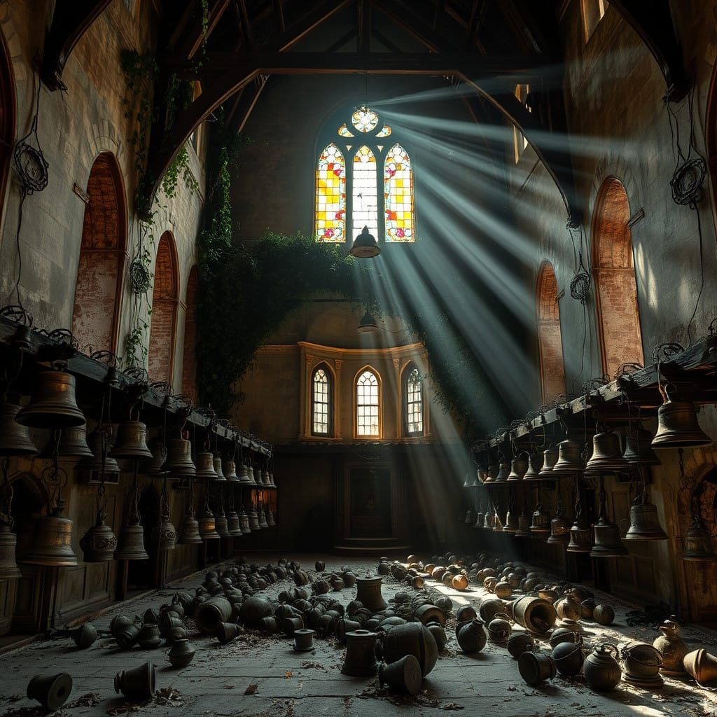 Haunting Sanctuary with Weathered Bells and Faded Beauty