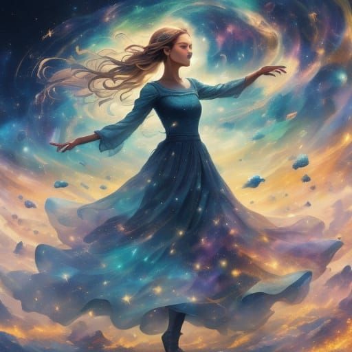 Woman Dancing Under Stars in Impressionist Style