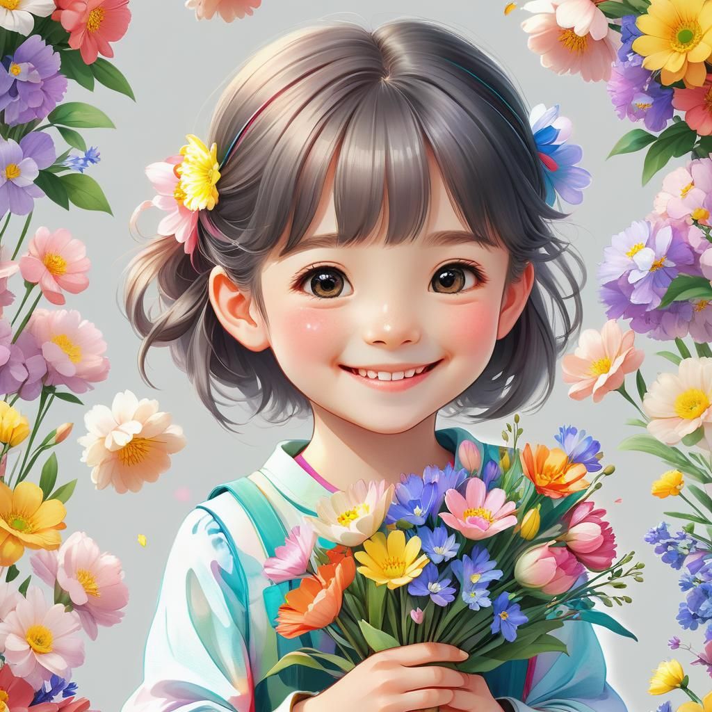 Anime Girl Portrait with Spring Flowers