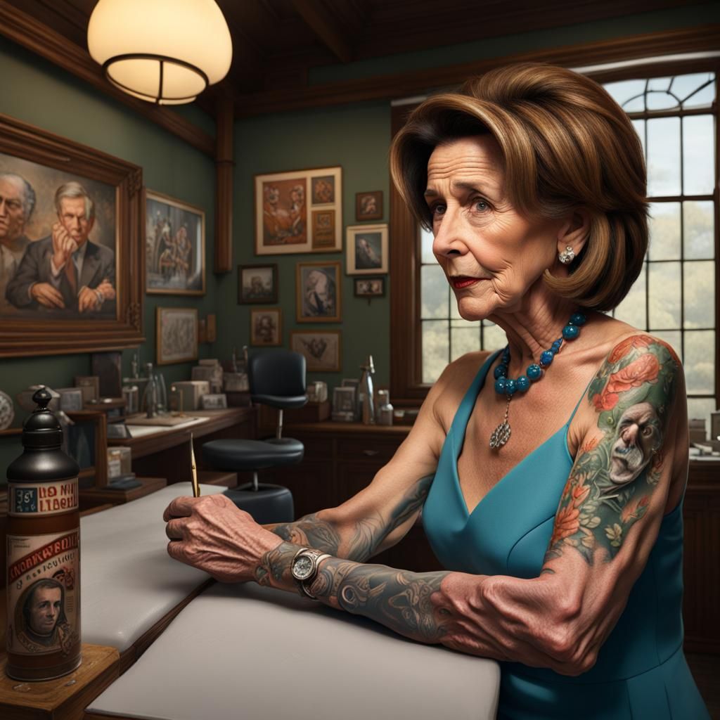 Pelosi Gets Bush Tattoo in Rockwell Style