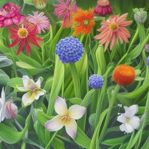 Hyperrealistic Flowers in Meadow: Intricate Digital Painting
