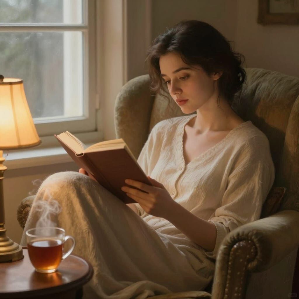 Cozy Woman Reading by Window in Painterly Style