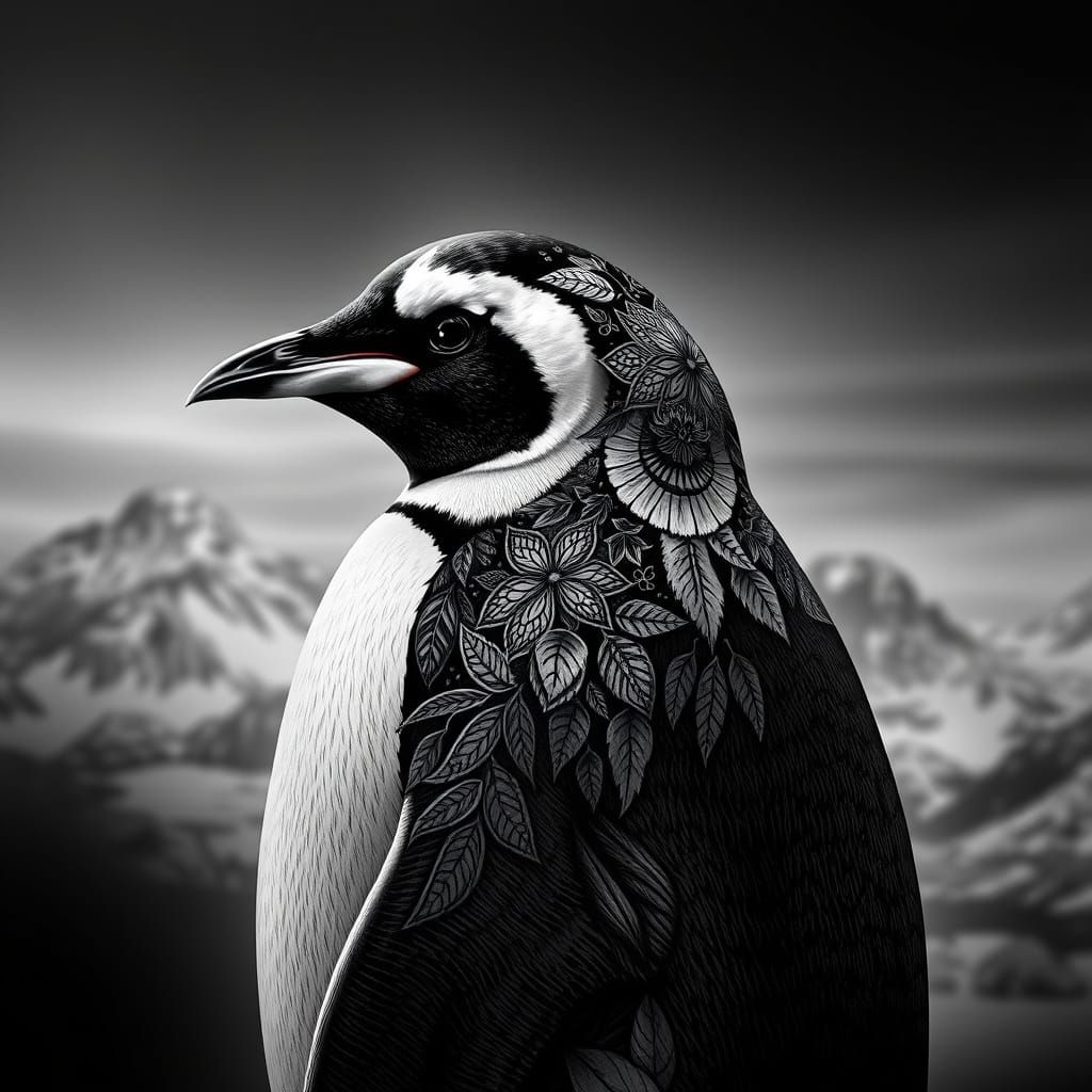 Mystical Polynesian Tattooed Penguin Portrait