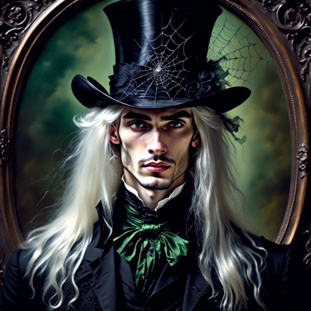 Gothic Pale Man Painting a Portrait With Spiders