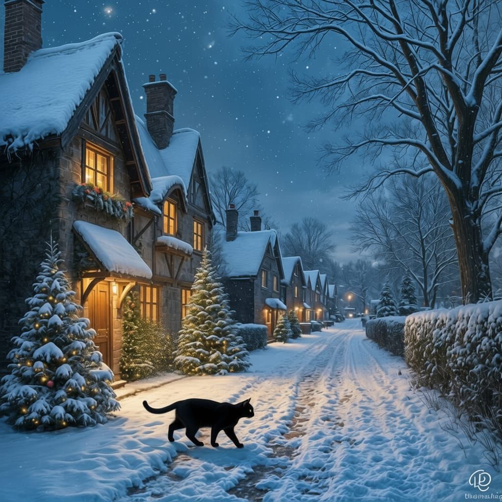 Black Cat Walks Down Snowy Christmas Street