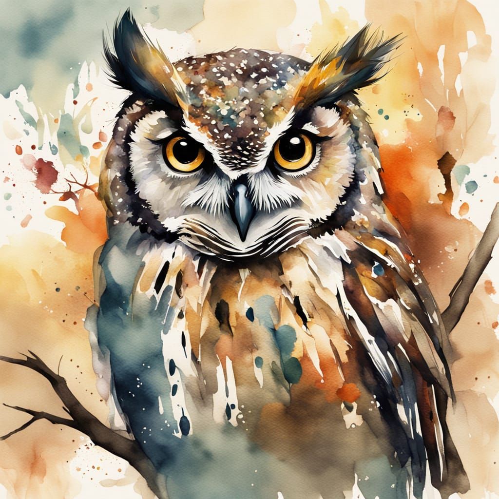 A wise old owl perched on a tree branch, an apple balanced p...
