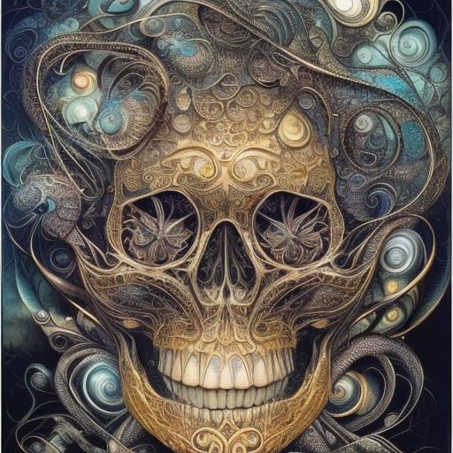 Gold Filigree Skull: Maximalist Digital Art Masterpiece