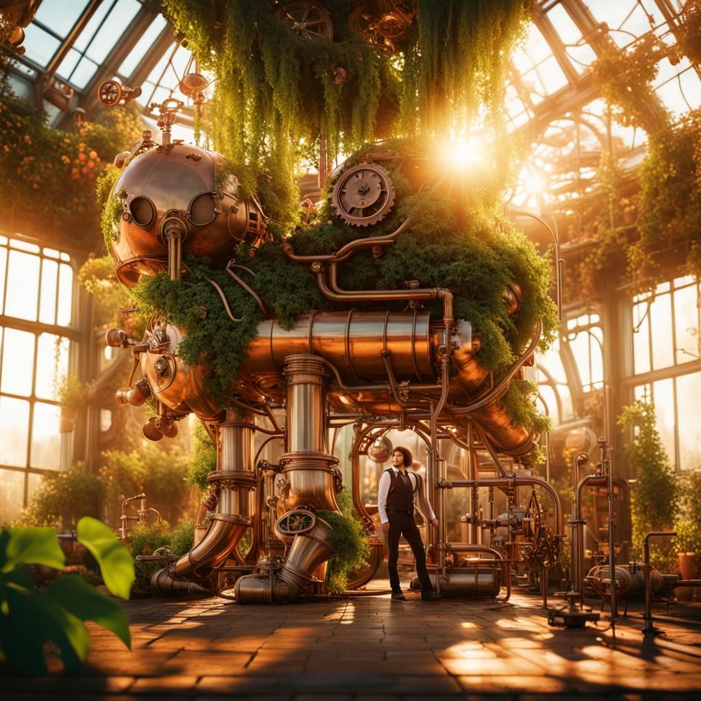Solarpunk Inventor in Lush Greenhouse Utopia