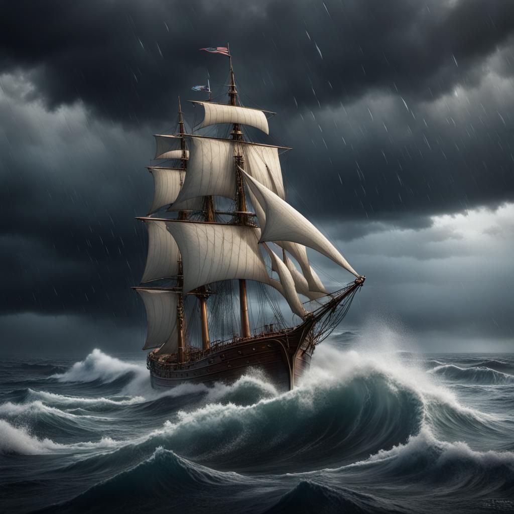 Photorealistic Schooner on High Seas in Storm