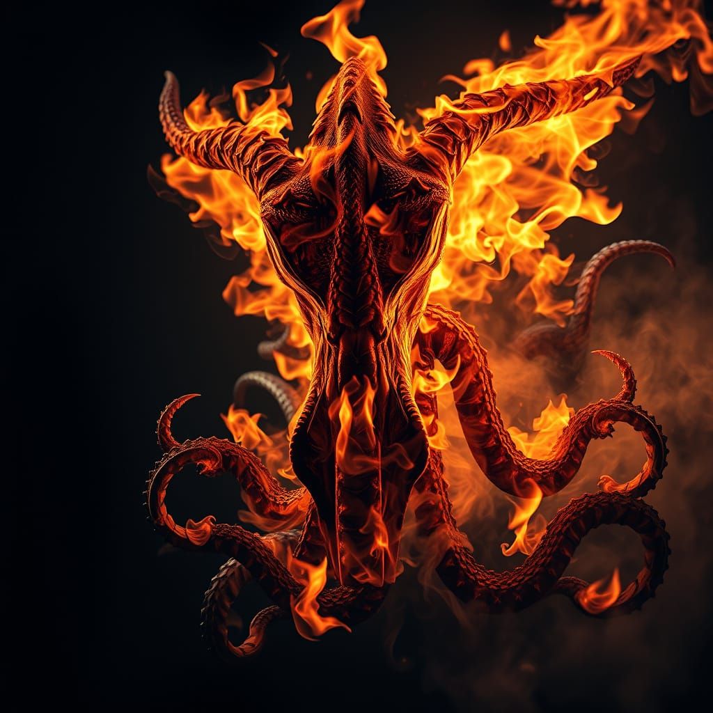 Surreal Hyperrealistic Fire and Kraken Forms in Double Expos...