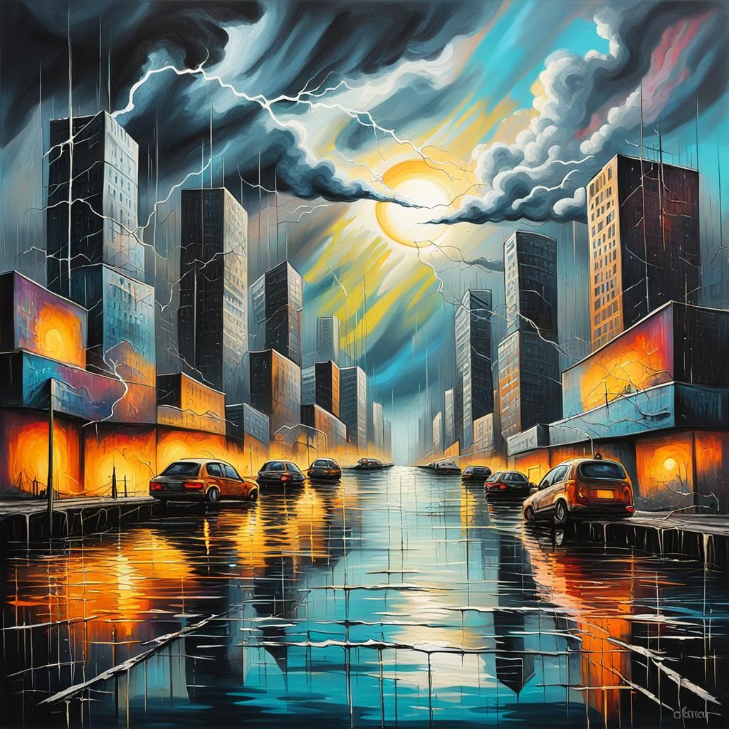 Futuristic City Under Stormy Sky in Splash Art Style