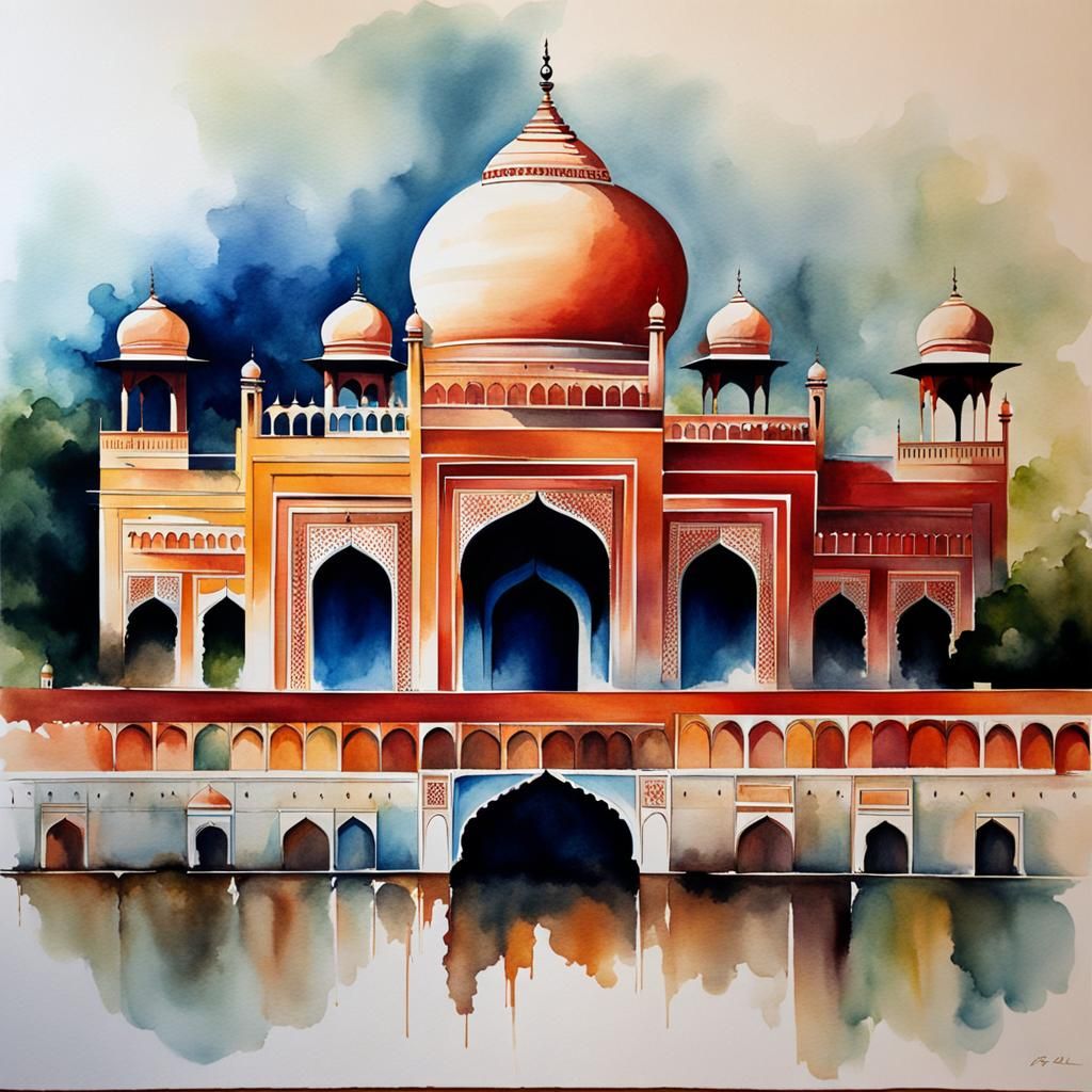 Watercolor Painting of the Taj Mahal in Abstract Style
