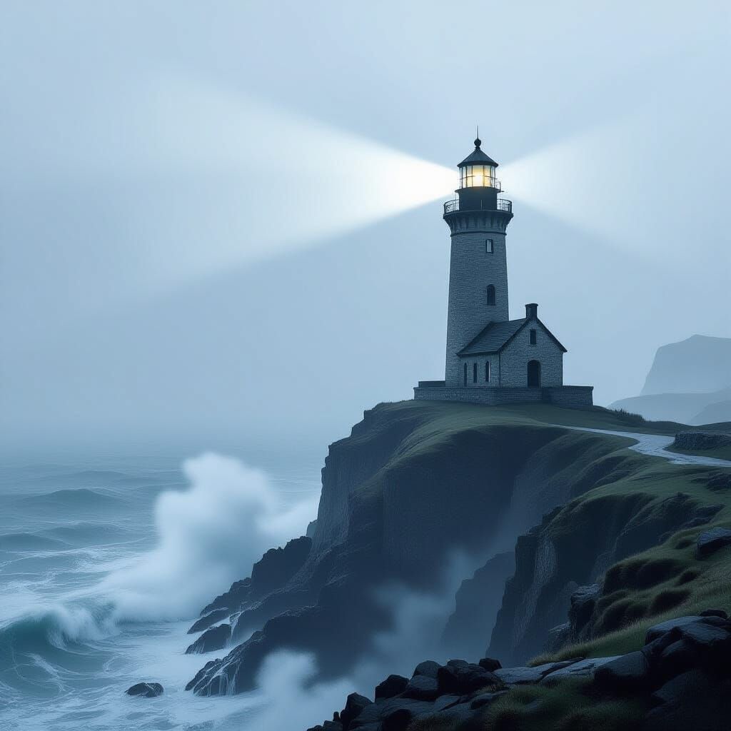 Misty Lighthouse on Stormy Sea Cliff