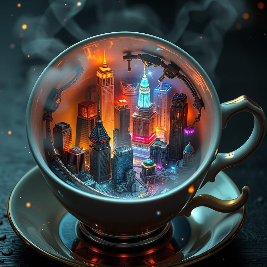 Miniature Sci-Fi New York City in Teacup