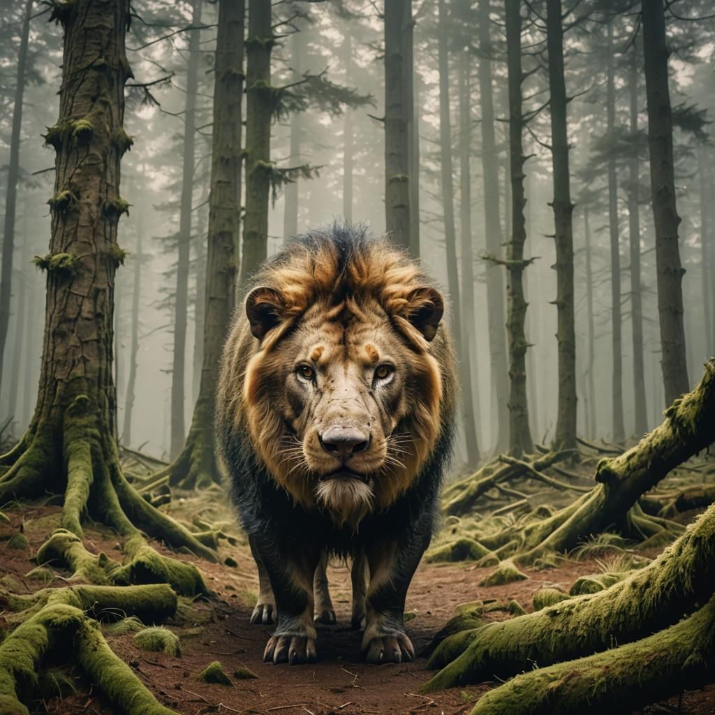 Mystical Pig-Lion Hybrid in Misty Forest