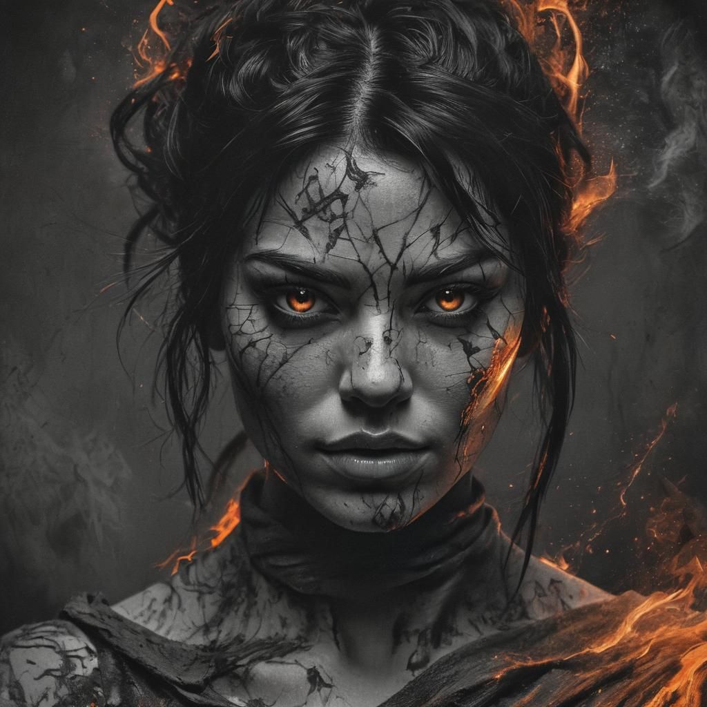 Ethereal Fire Genasi Warrior in Charcoal Portrait