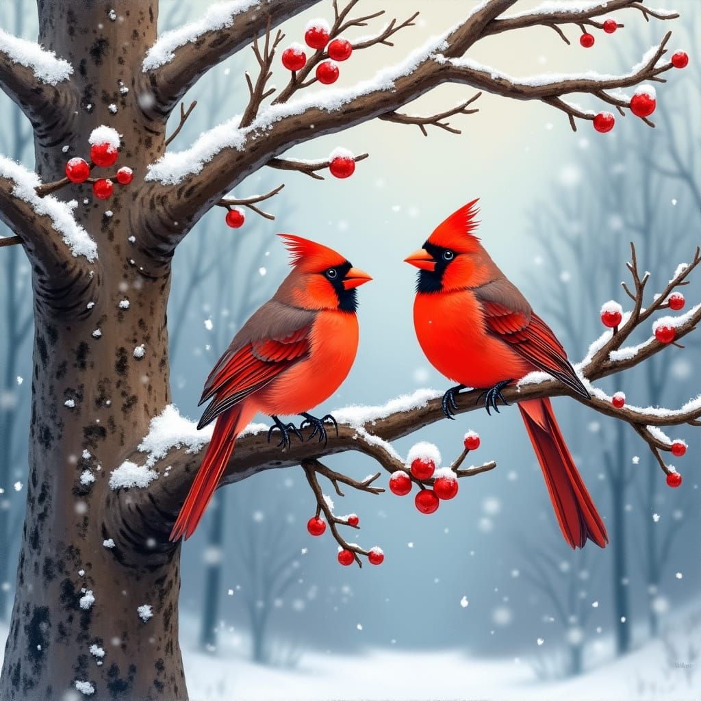 Winter Cardinals in Vibrant Watercolor