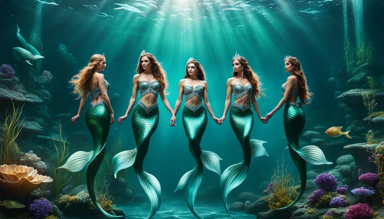Enchanted Jeweled Mermaids in Fantasy Environment
