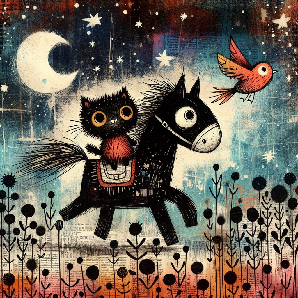 Whimsical Nighttime Animals in Textured Collage Style