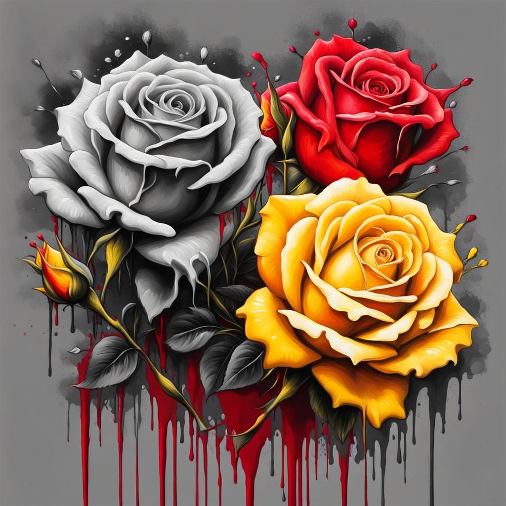 Graffiti Art Roses in Grayscale with Polychromatic Accents