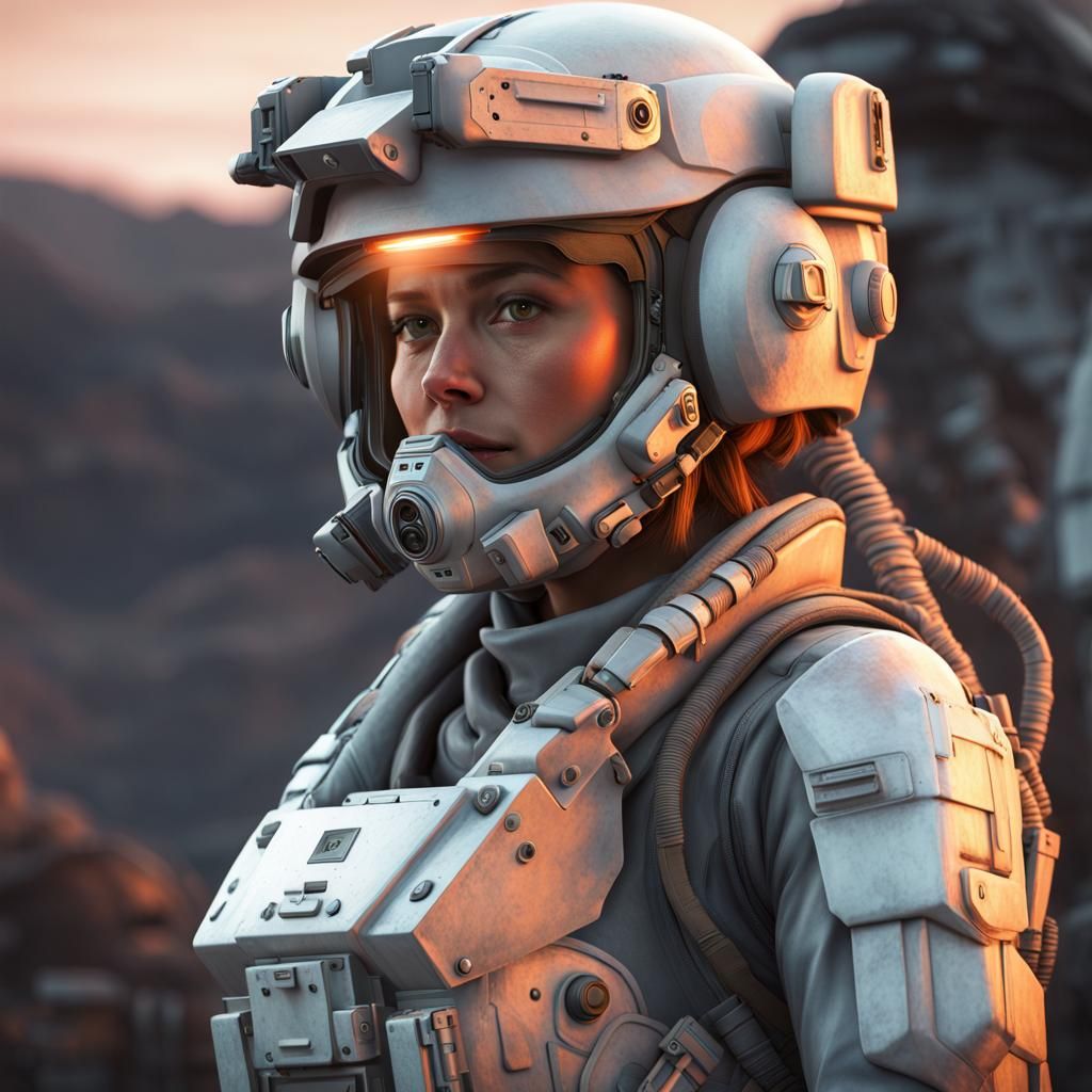 Hyperrealistic Mech Pilot Portrait in Warzone Twilight