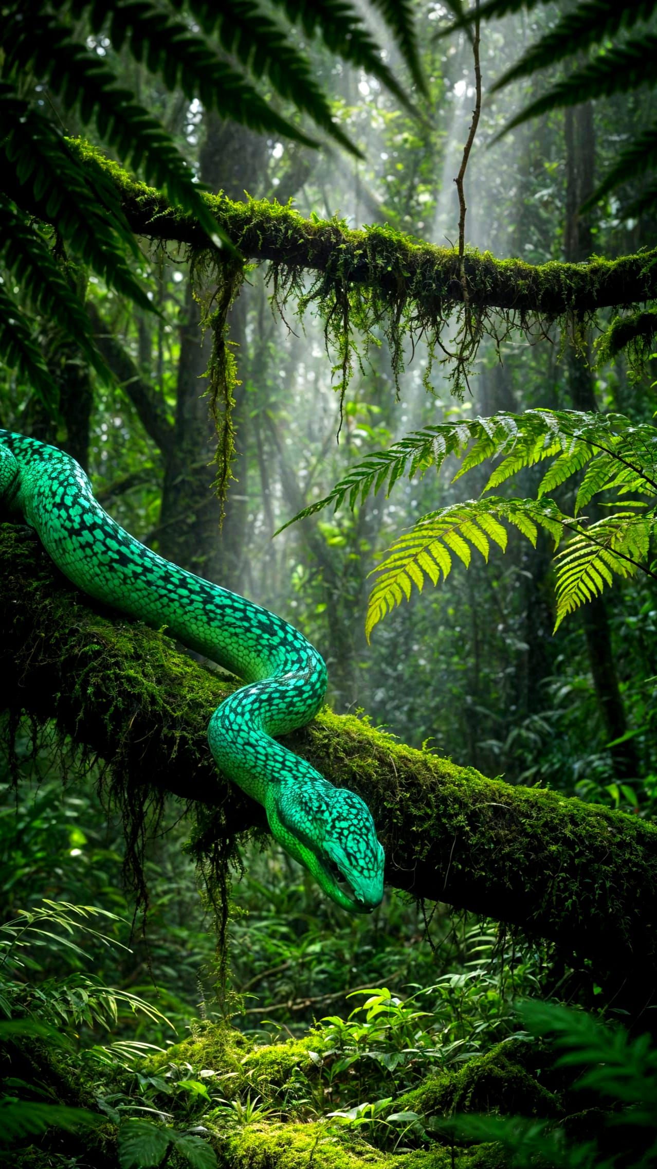 Emerald Serpent Slides Through Rainforest Shadows