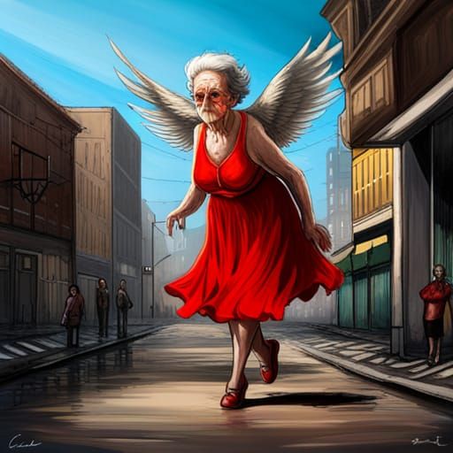 Zombie Granny with Wings in Graffiti Art Style