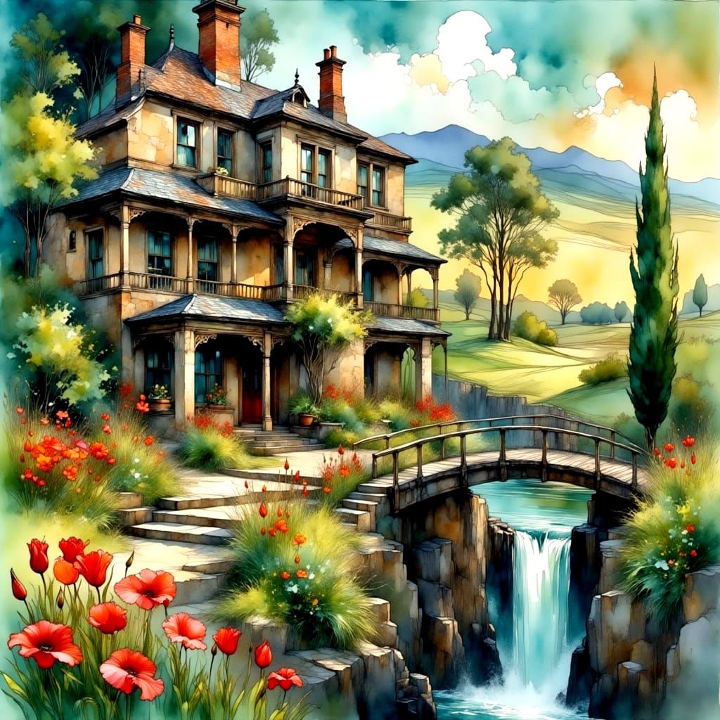 Character Stone House Amidst Wildflowers and Waterfall