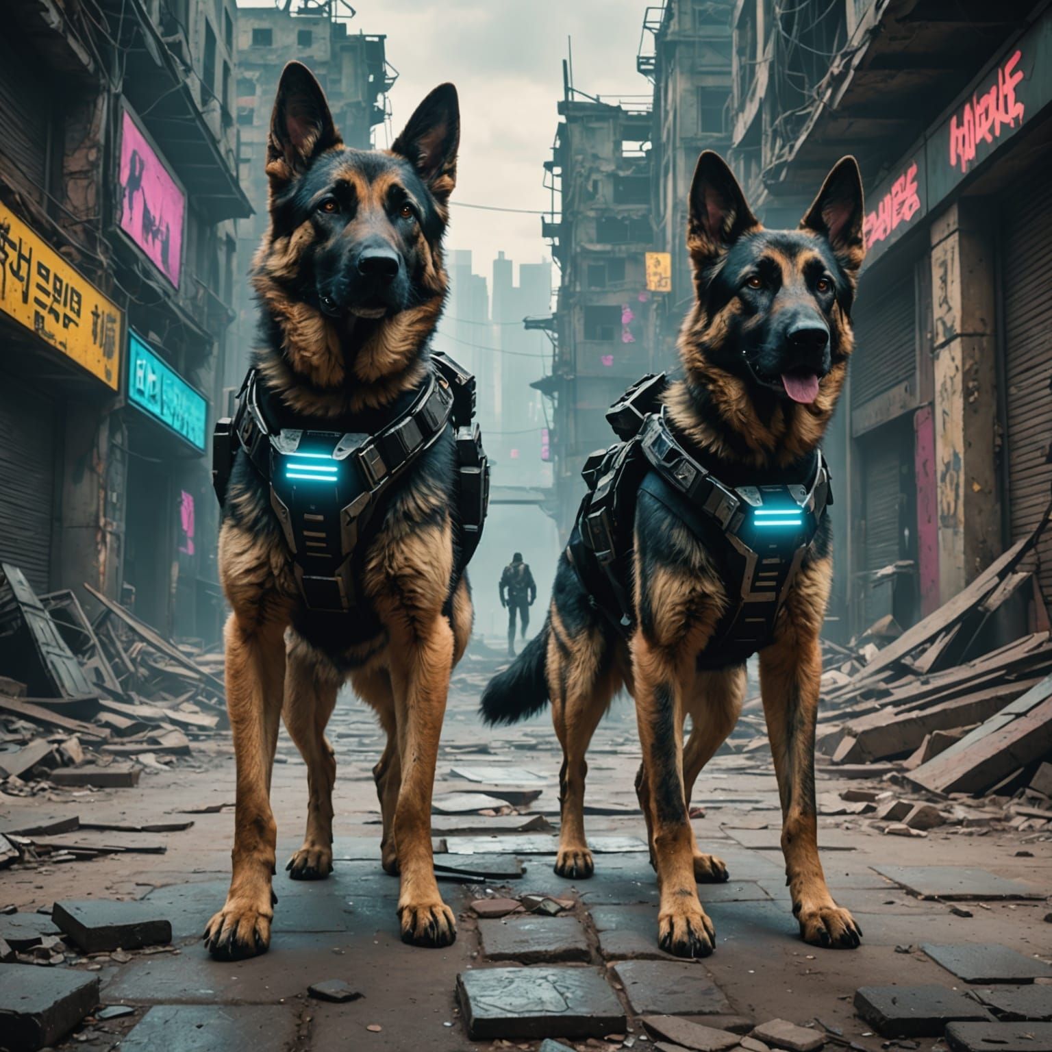 Cyberpunk Dogs in a Ruined City
