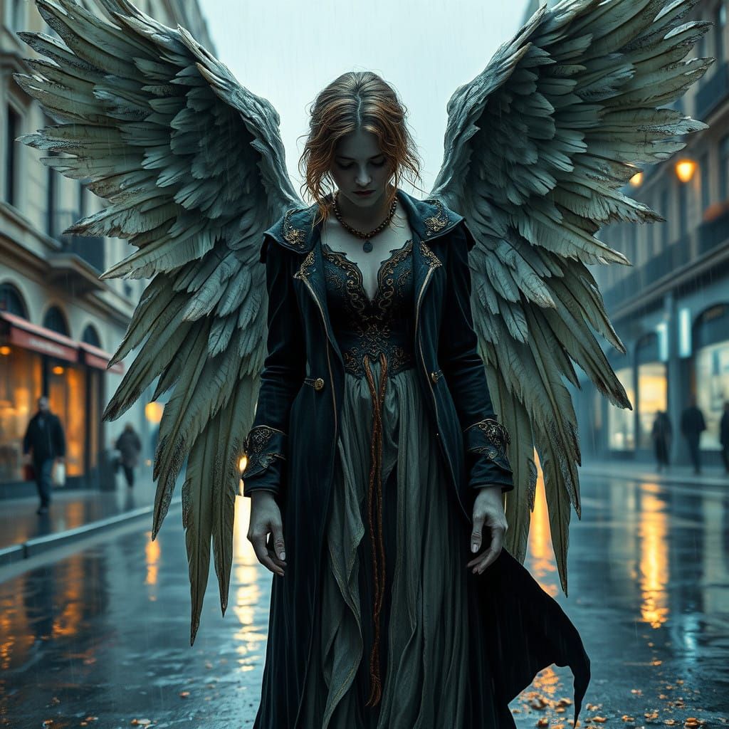 Ethereal Fallen Angel in Victorian Despair, Blending Ink and...