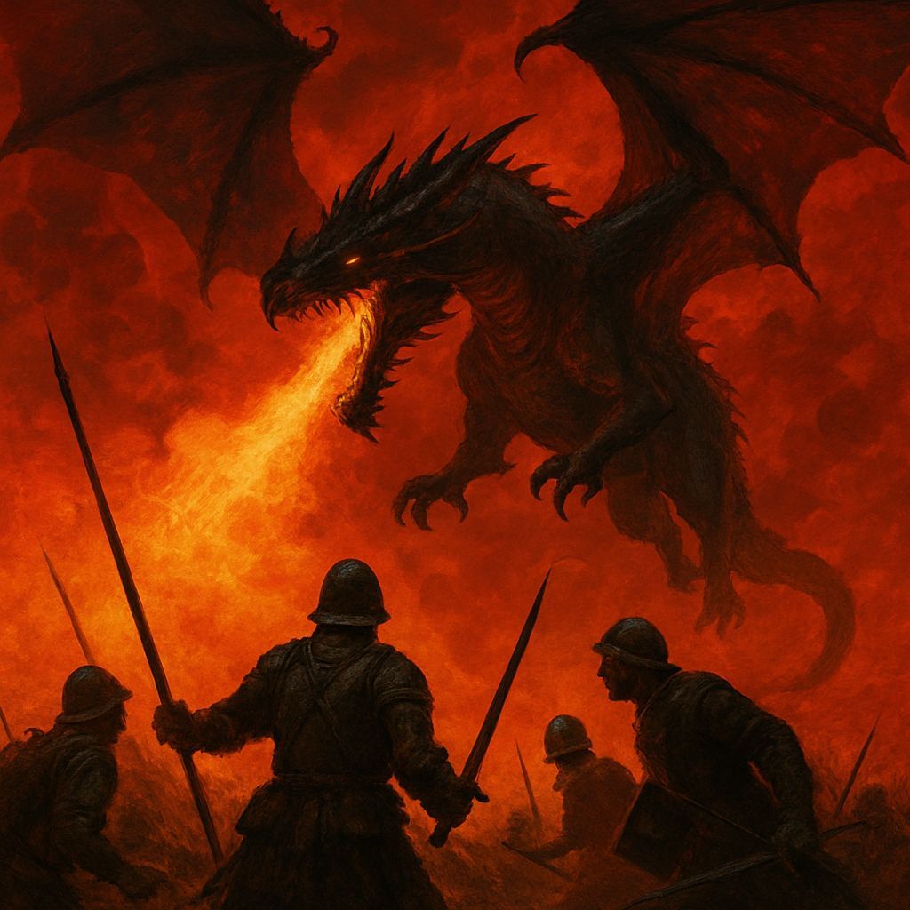 Dragon Breathes Fire at Soldiers Under Red Sky