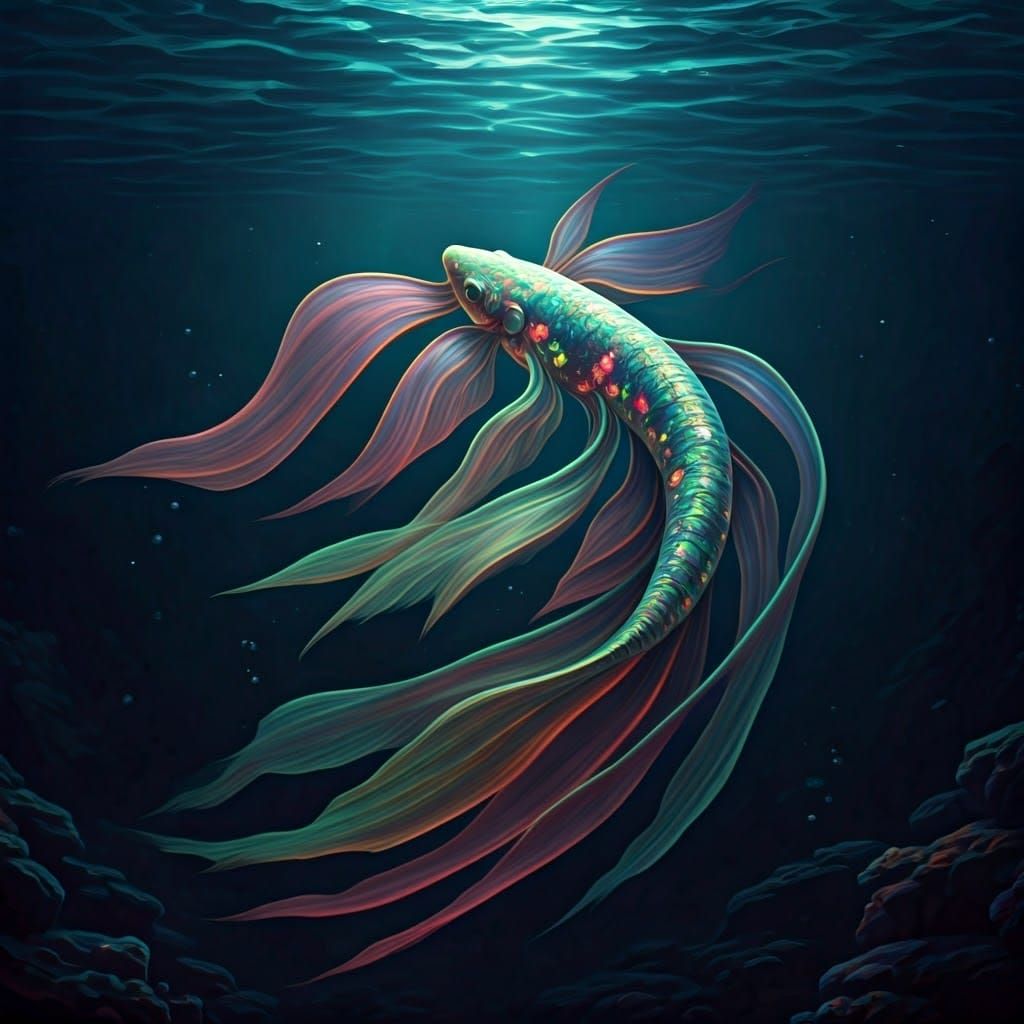 Luminous Fishlike Creature in Dark Ocean Abyss