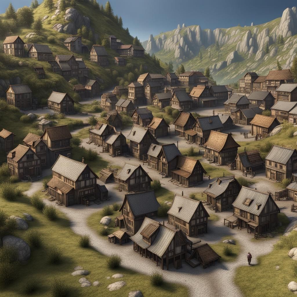 Hyperrealistic Medieval Mining Town on Mountainside
