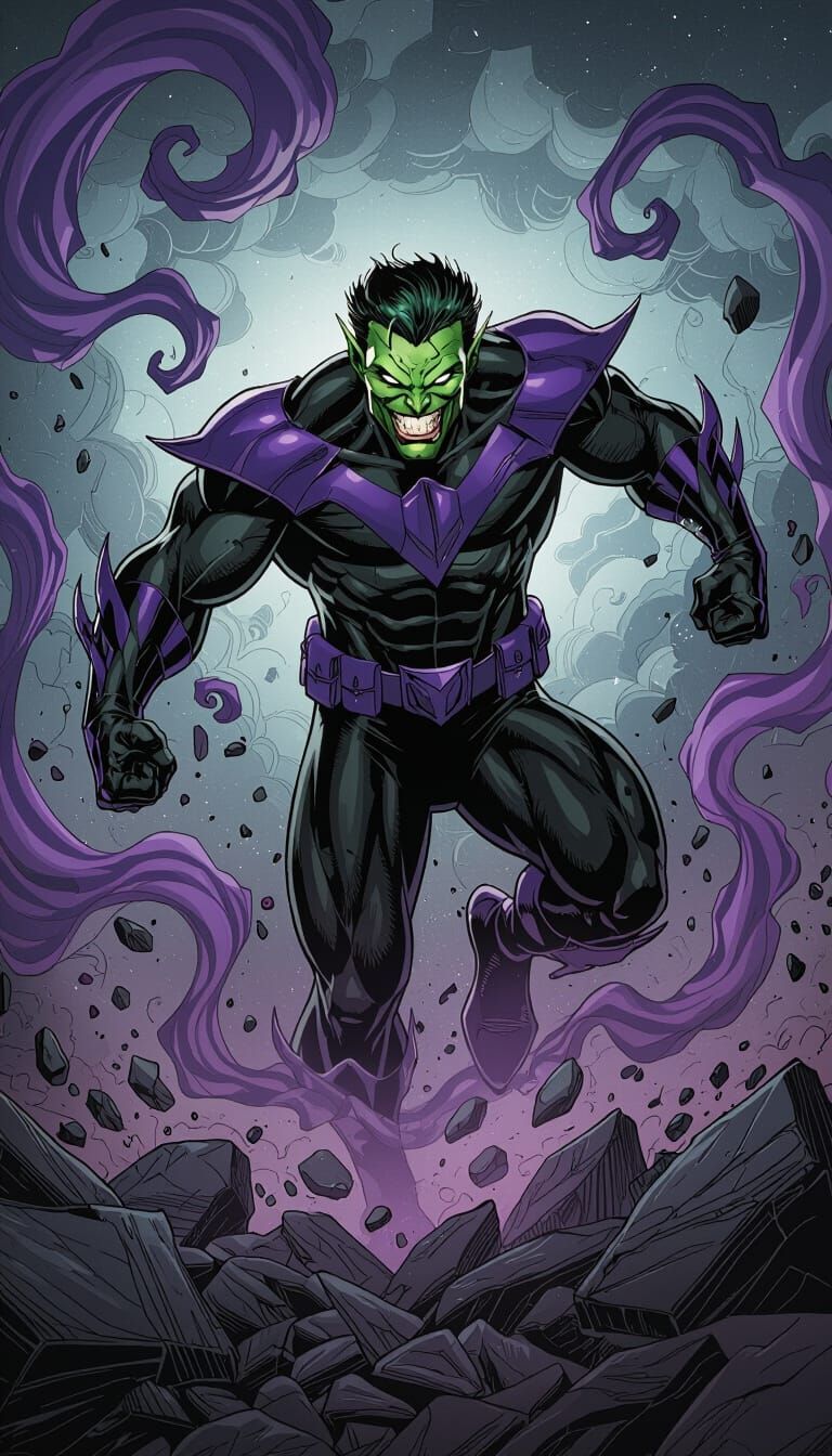 Menacing Green Villain Hovering Over Destruction