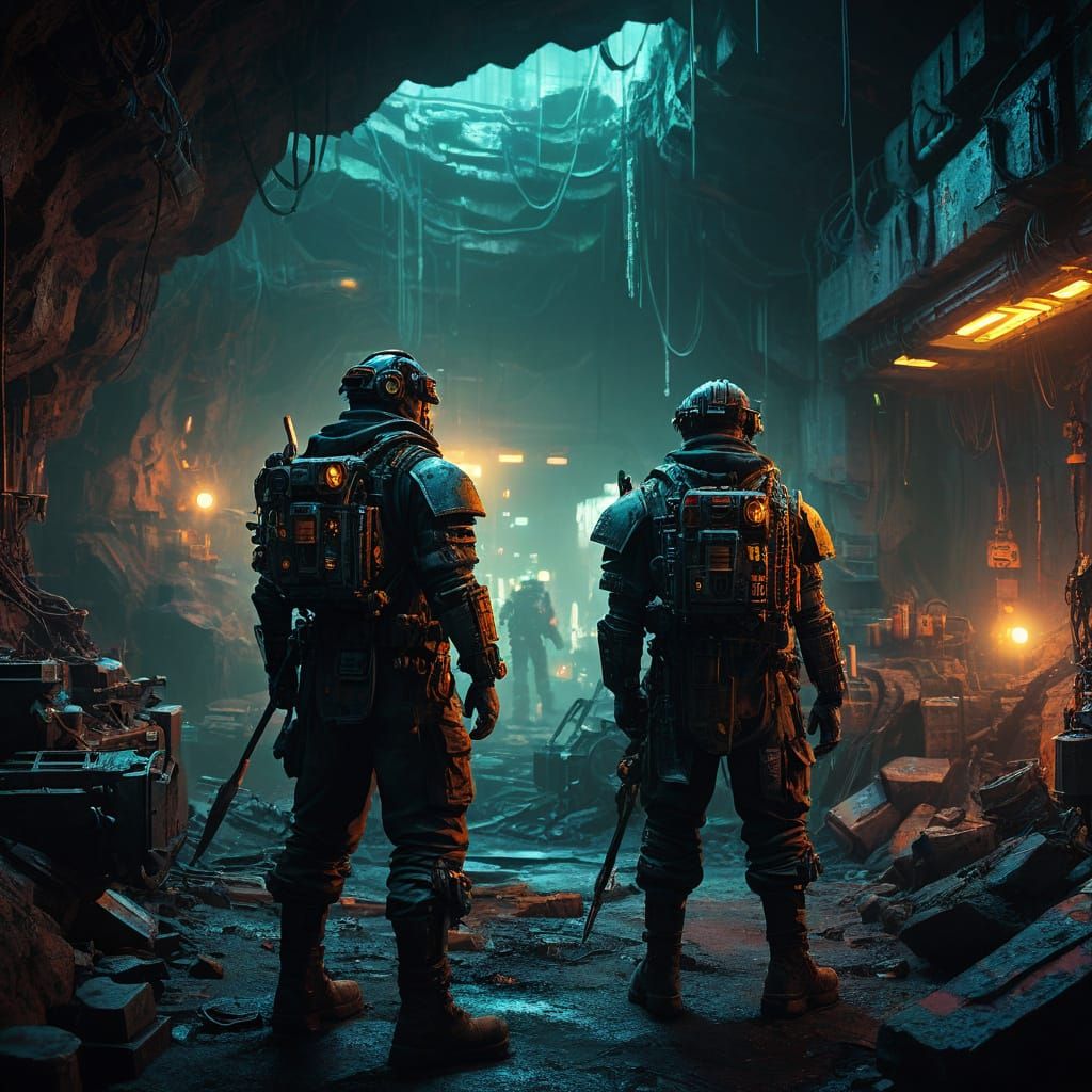 Cyberpunk Dwarves Mining with Neon Pickaxe